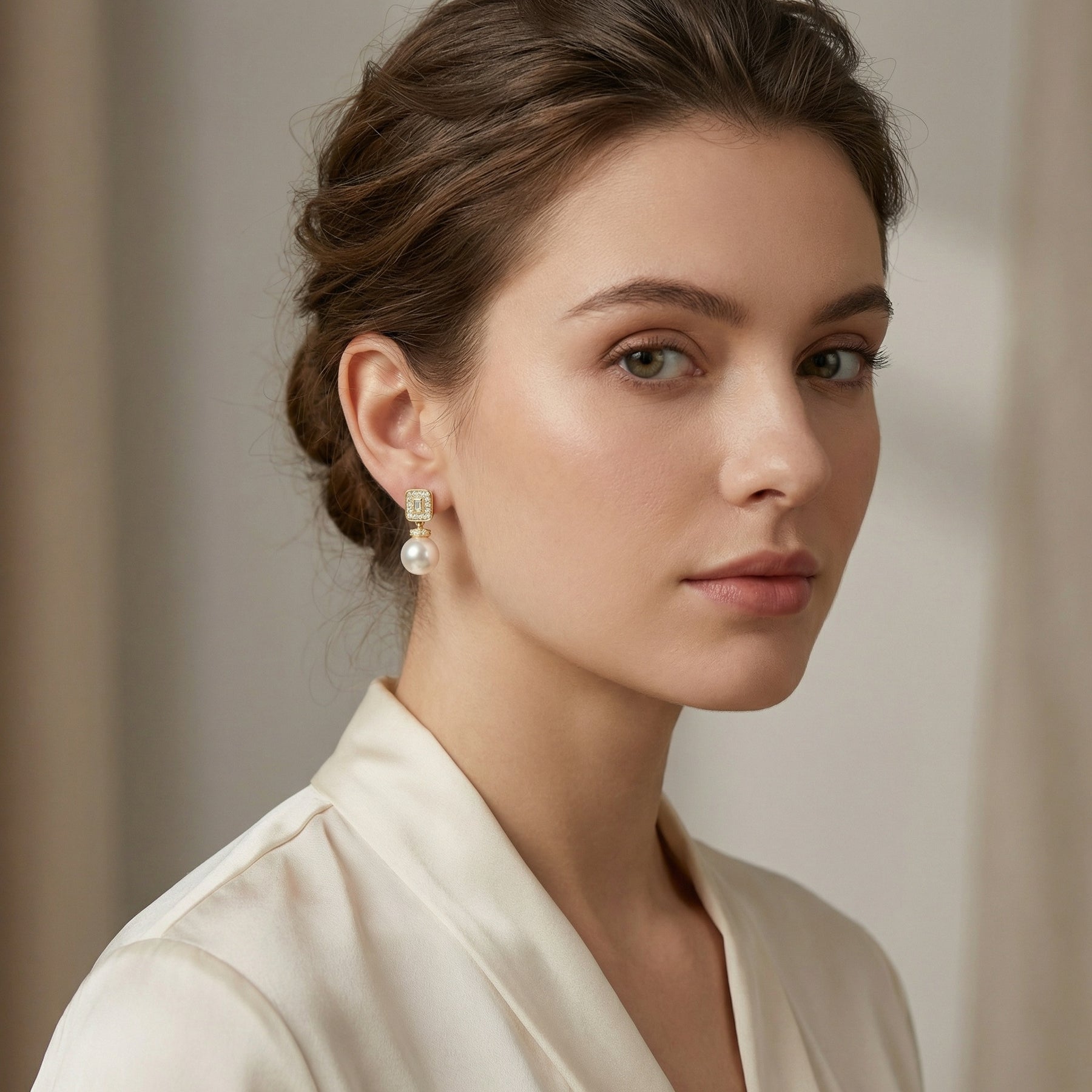 Pearl Drops with Rectangular Accents – pearl earrings, close-up