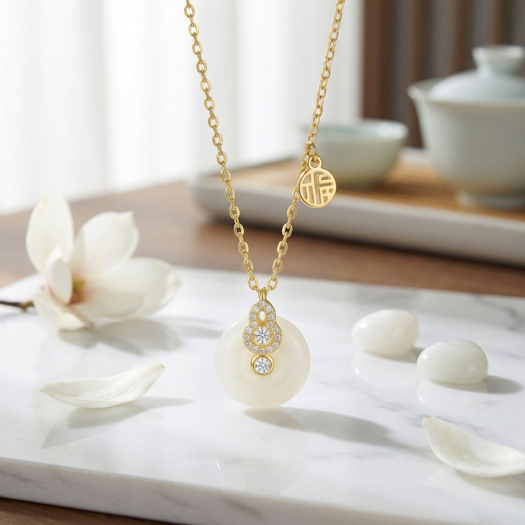 Gourd and Fortune Coin Necklace – sterling silver necklace, side detail
