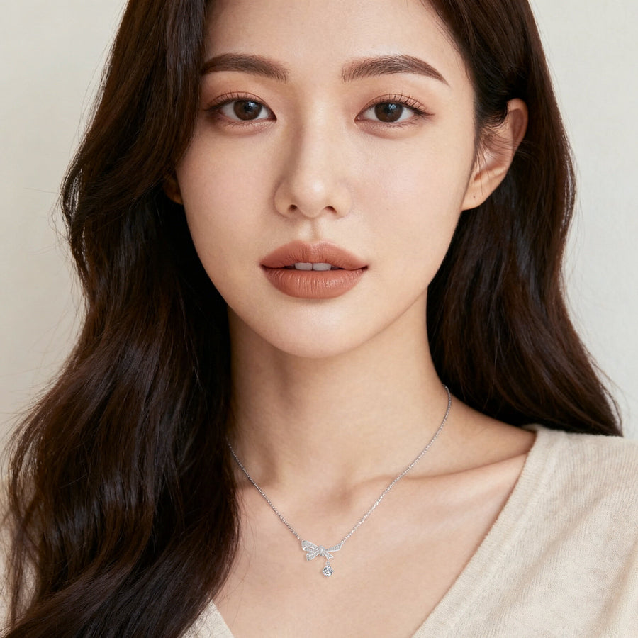 Silver Bow Necklace with Sparkling stone Charm – sparkling stone necklace, front view