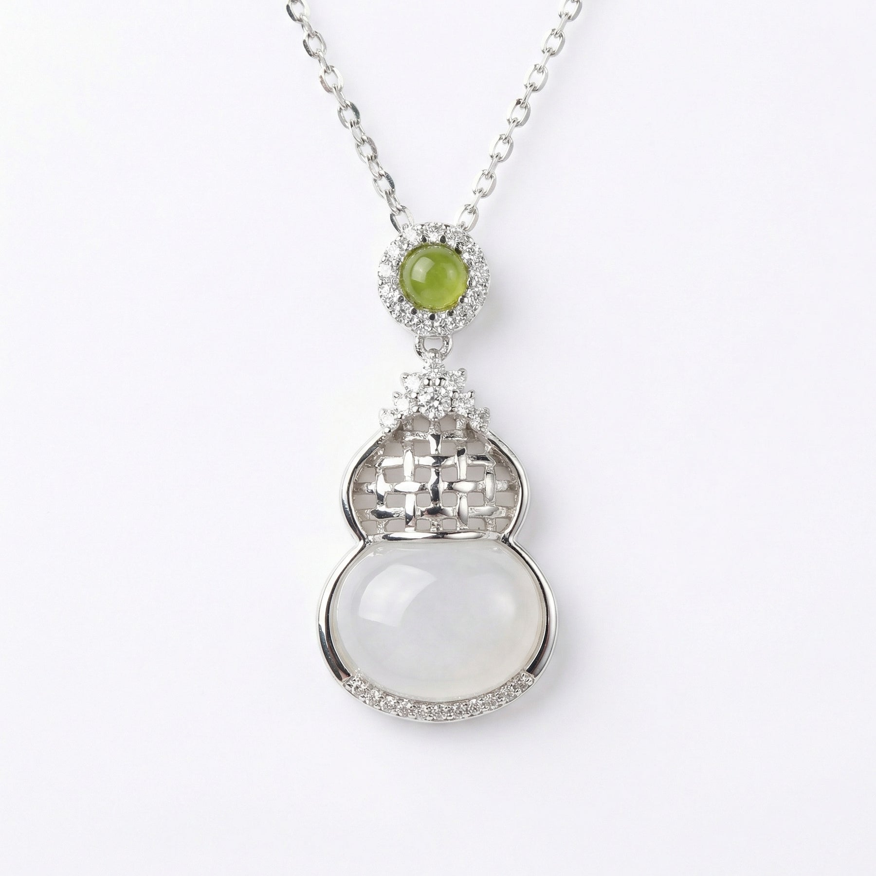 White and Green Hulu Gourd Necklace – sterling silver necklace