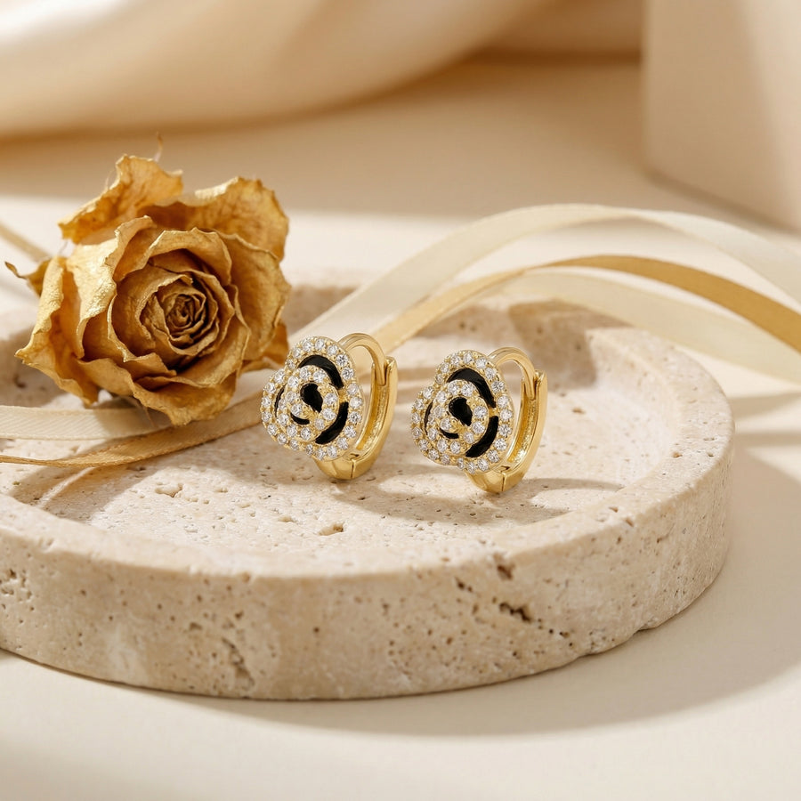 Black Enamel Rose Huggie Hoop Earrings – sterling silver earrings, front view