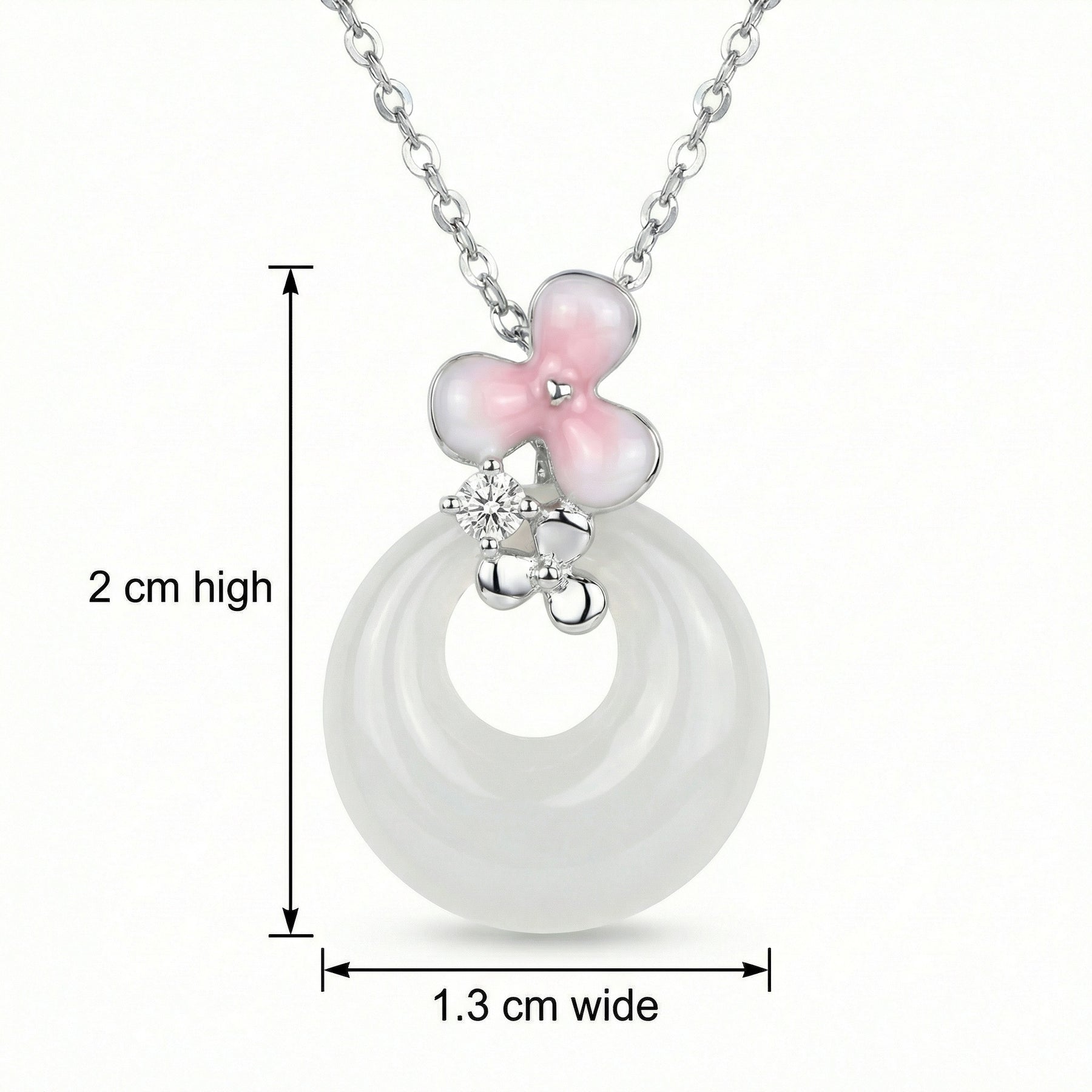 White Jade Donut Necklace with Pink Flower – jade necklace, side detail