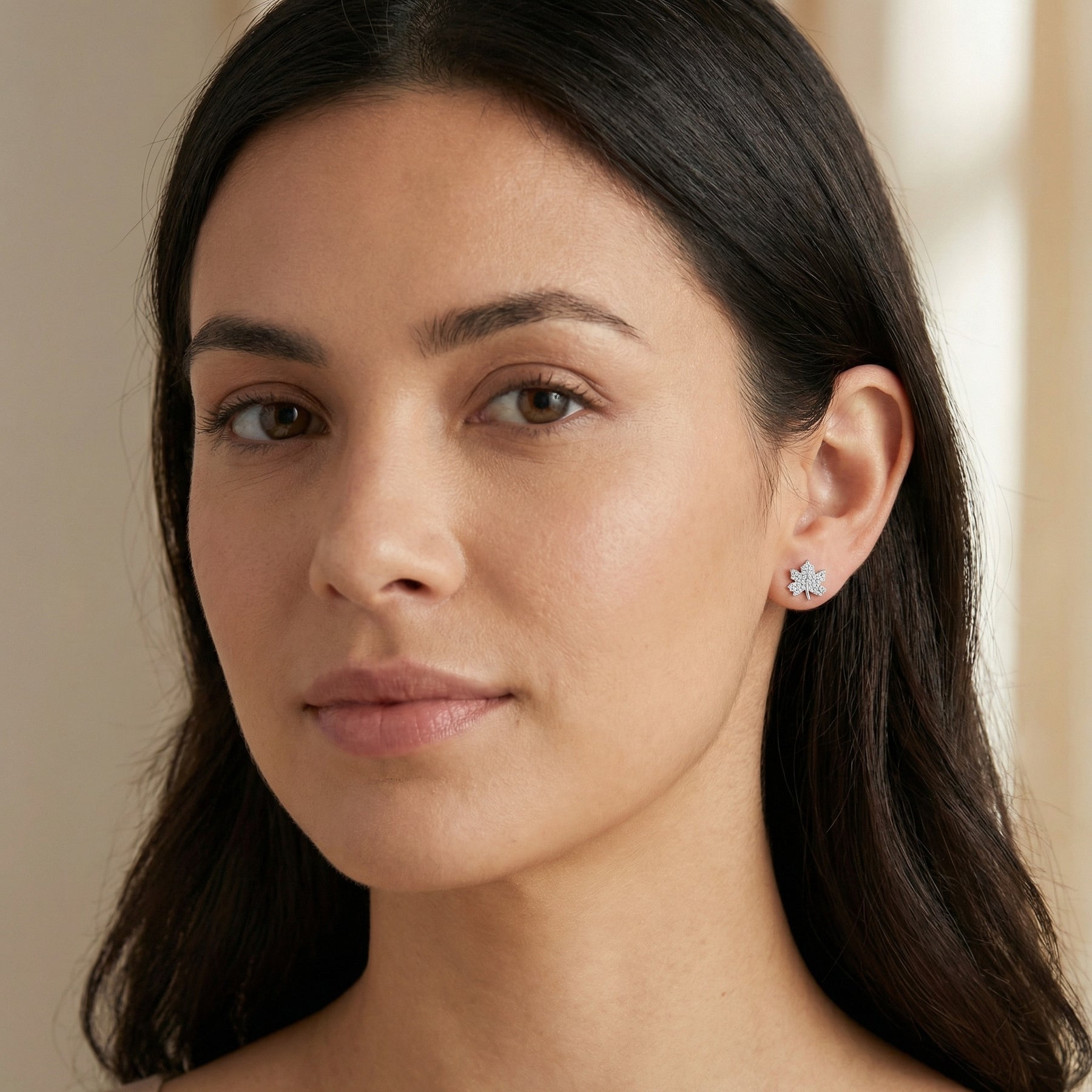 Maple Leaf Pavé Stud Earrings – sterling silver earrings, front view