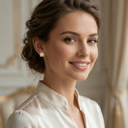 Pearl Studs, Baguette Quatrefoil Halo – pearl earrings, front view