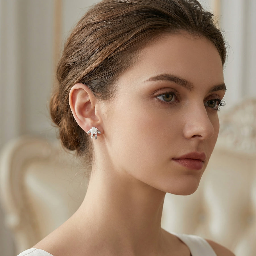 Mother-of-Pearl Bow Crystal Studs – mother-of-pearl earrings, front view
