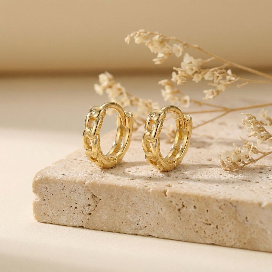 Curb Link Textured Huggie Hoops – sterling silver earrings, close-up