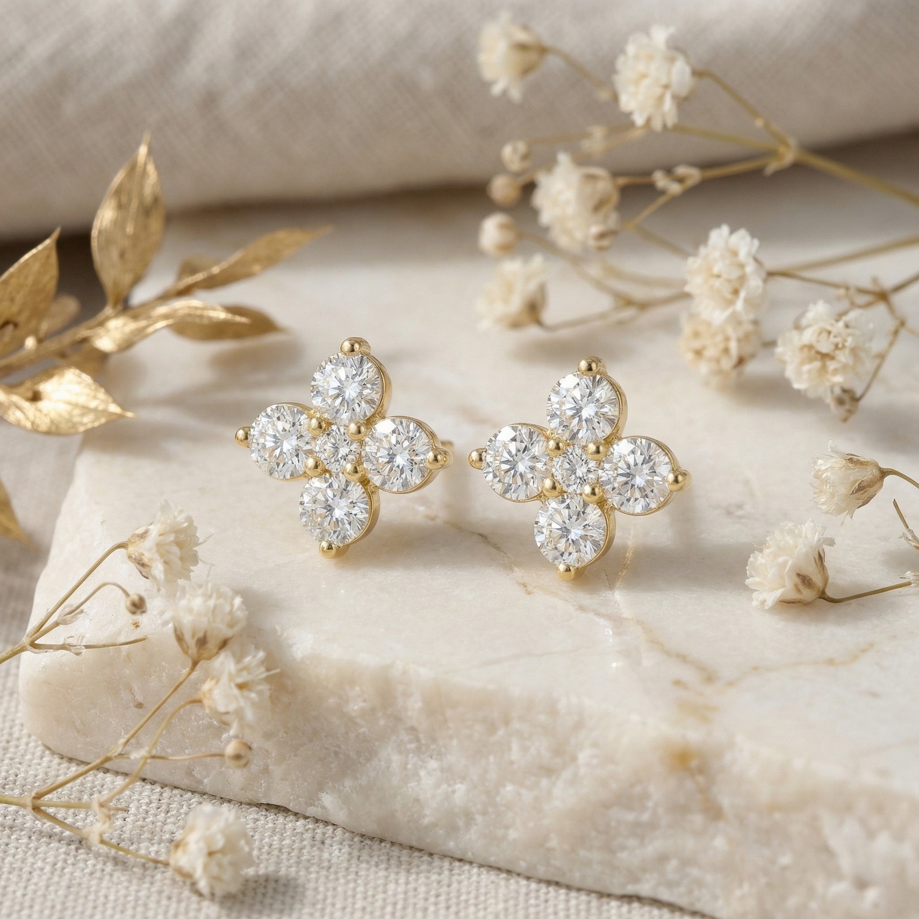 Four-Petal Flower Cluster Studs – sterling silver earrings, front view