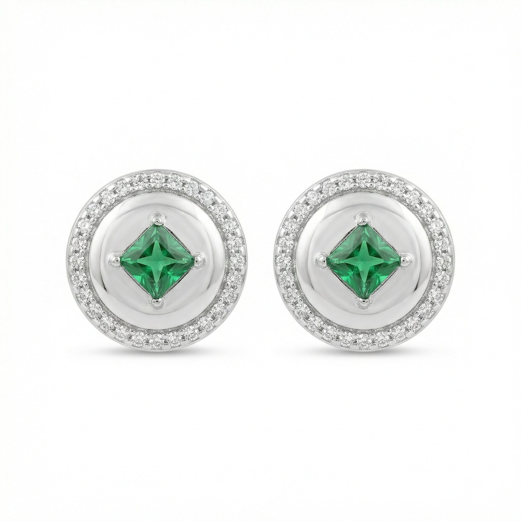 Round Green Gemstone Halo Studs – sterling silver earrings