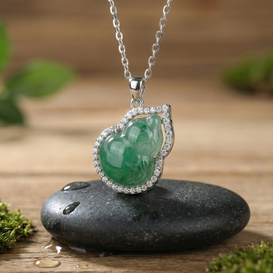 Jade Hulu Gourd Necklace, Stone Border – jade necklace, close-up