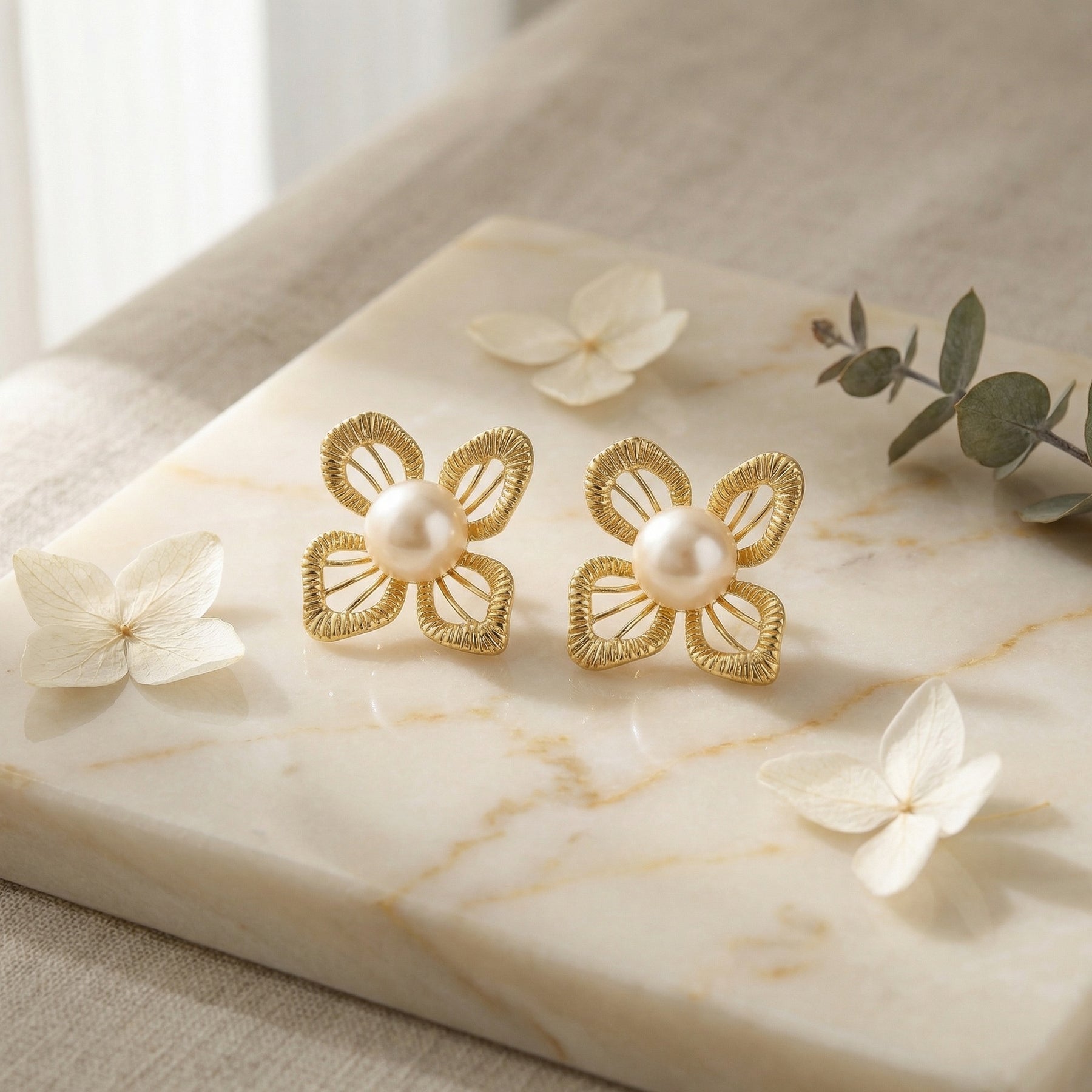 Pearl and Textured Floral Studs – pearl earrings, front view