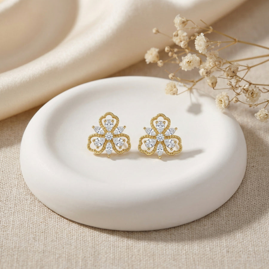 Ornate Floral Clover Stud Earrings – sterling silver earrings