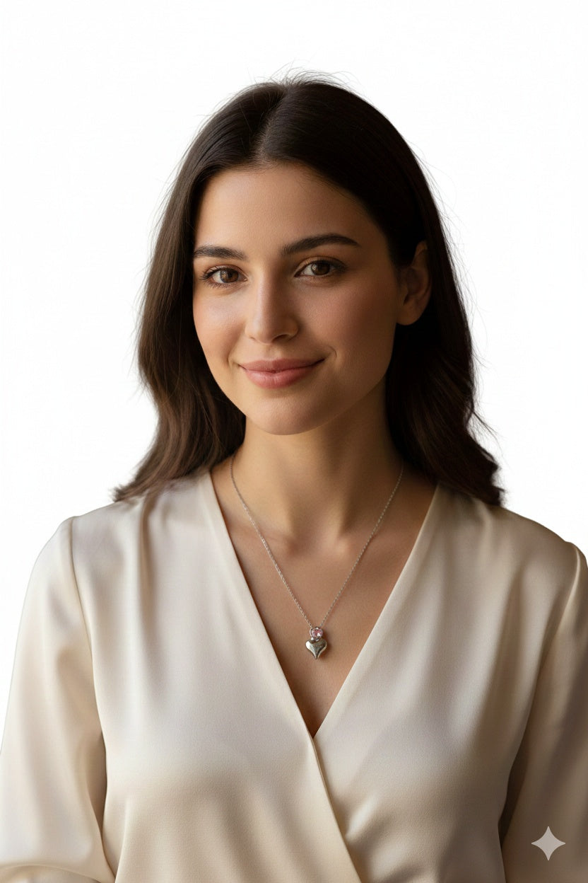 Stainless Steel Pink Stone Heart Necklace – stainless steel necklace, front view
