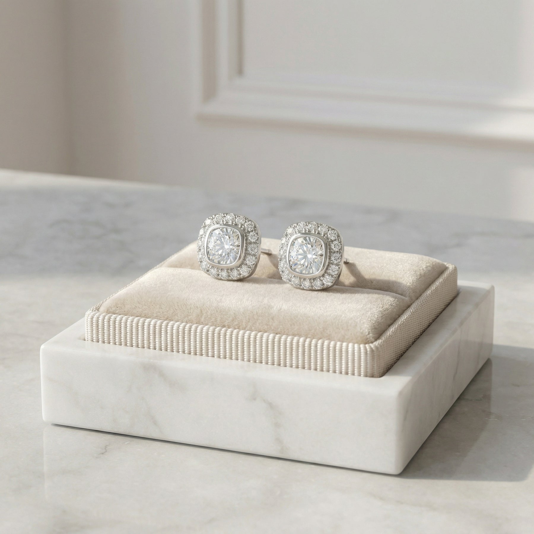 Cushion Halo Studs, White Finish – sterling silver earrings, close-up