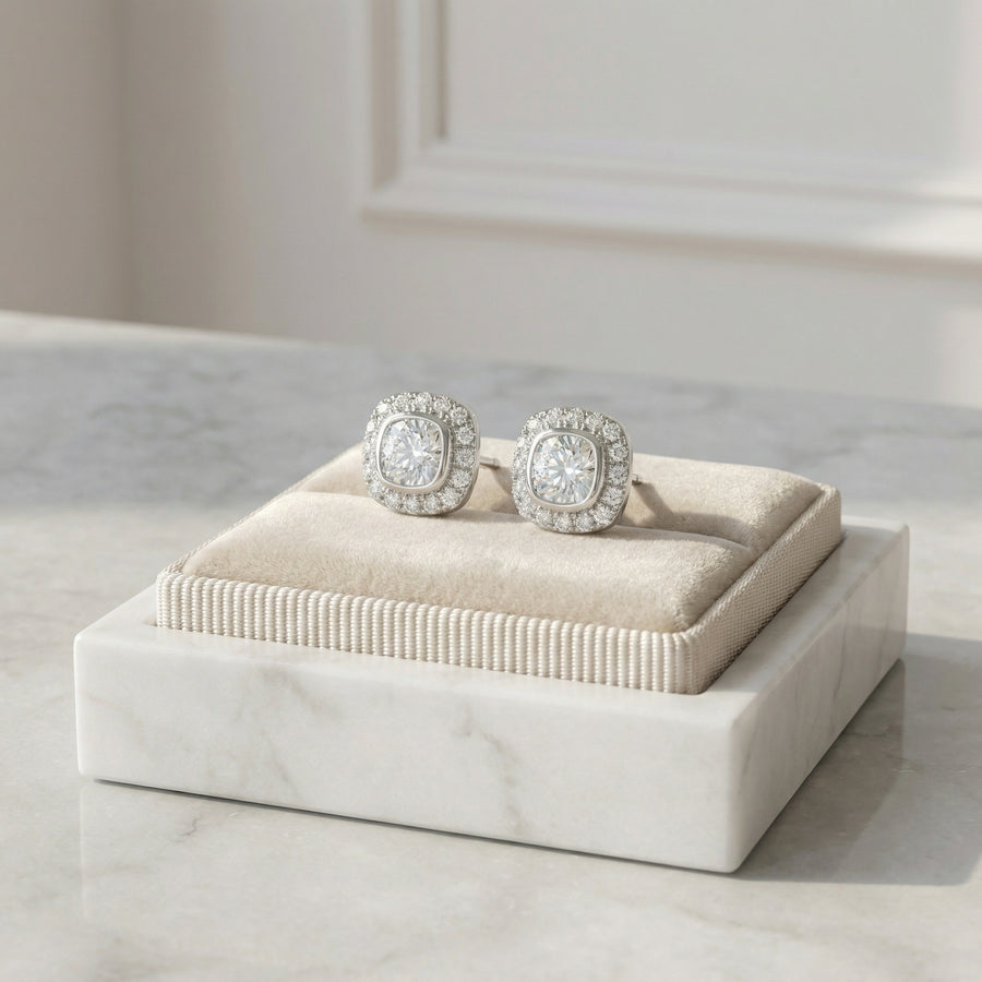 Cushion Halo Studs, White Finish – sterling silver earrings, close-up