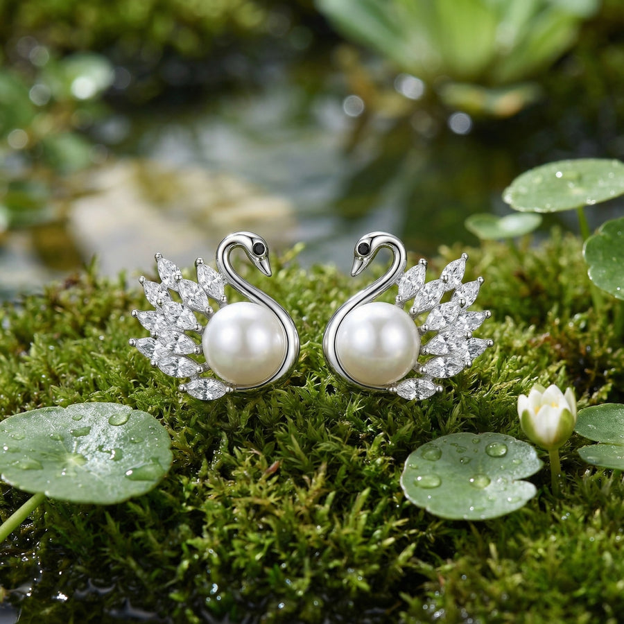 Swan Studs with Pearl and Marquise Accents – pearl earrings, close-up