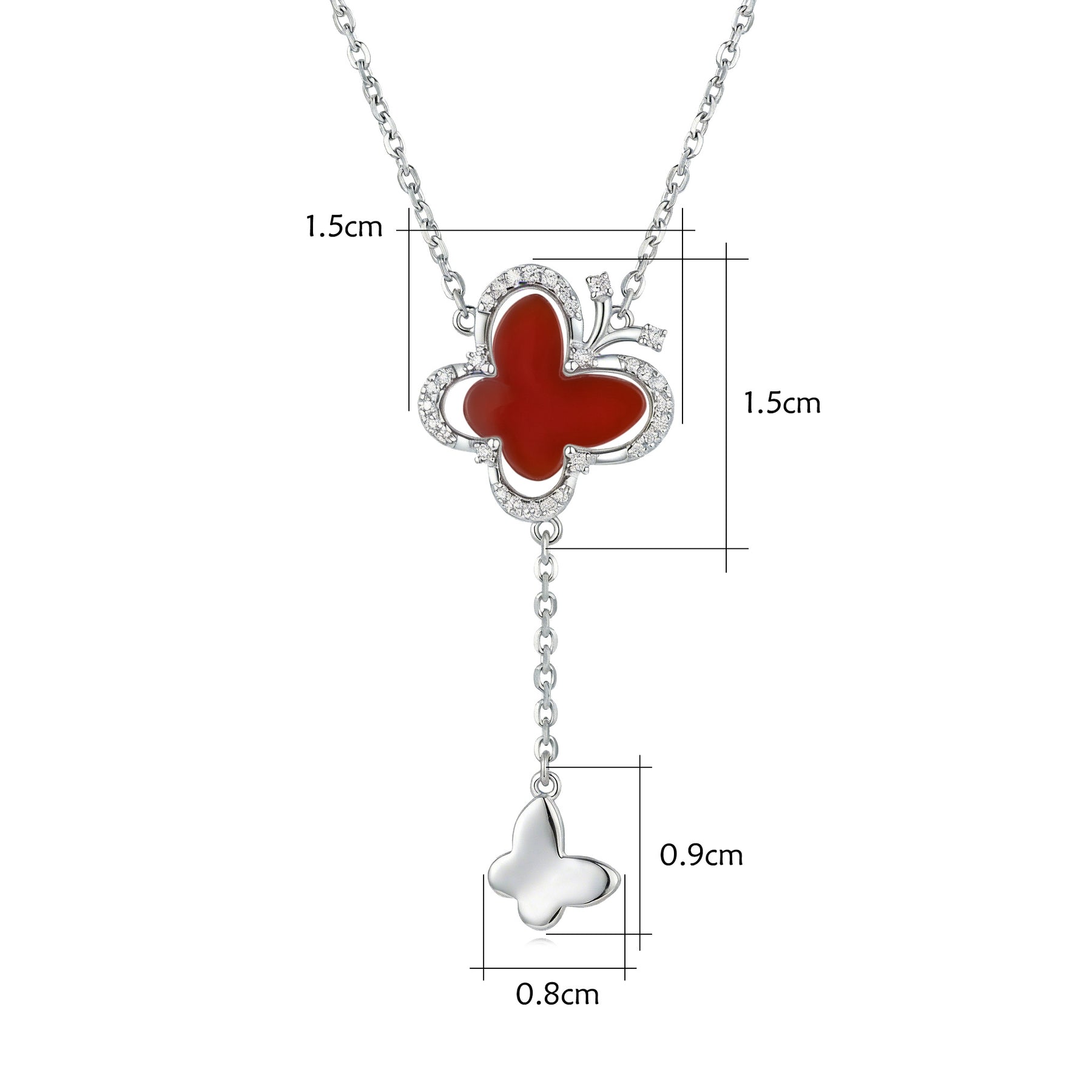 Butterfly Necklace with Red Stone Inlay – sterling silver necklace, side detail