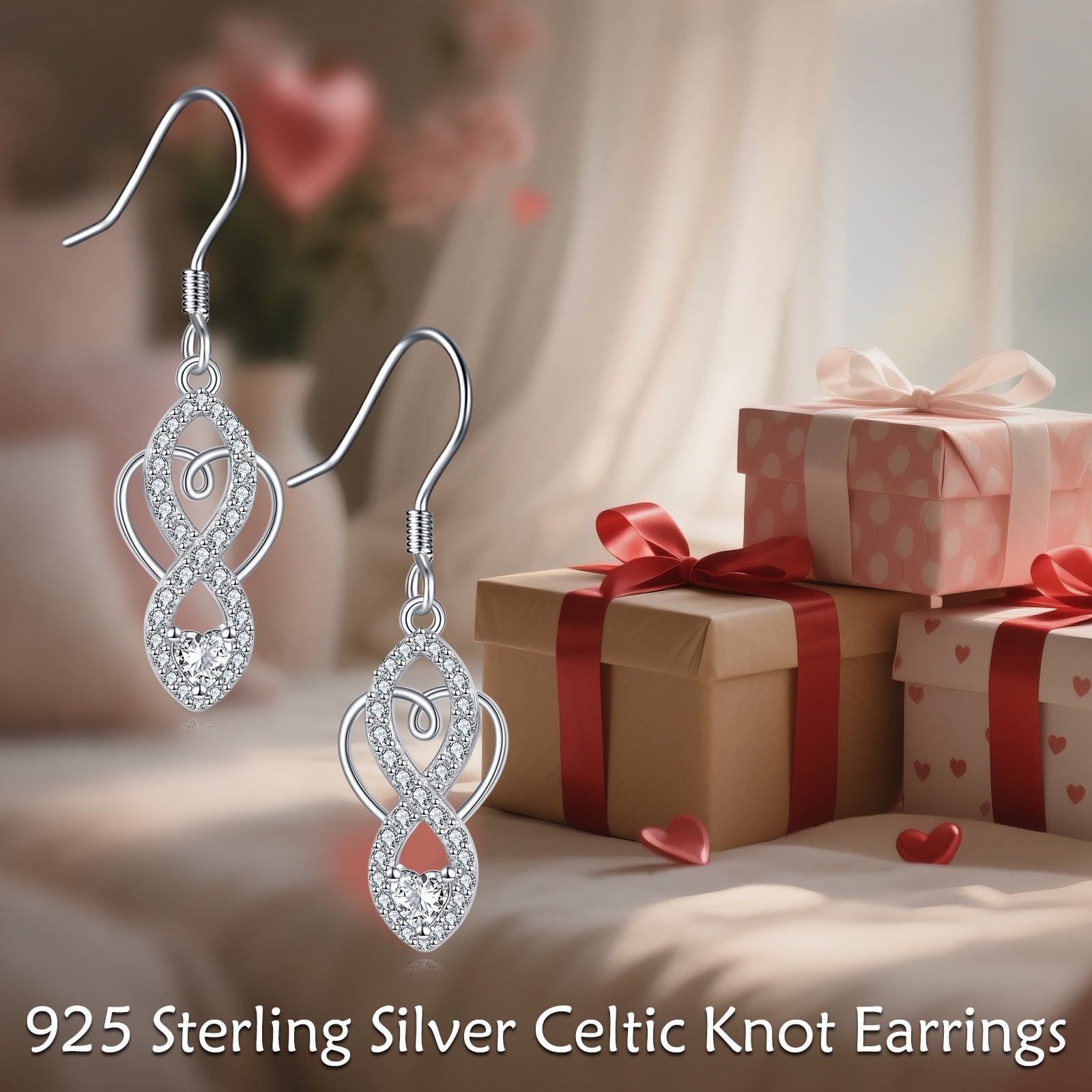 Celtic Knot Infinity Drop Earrings – sterling silver earrings, front view