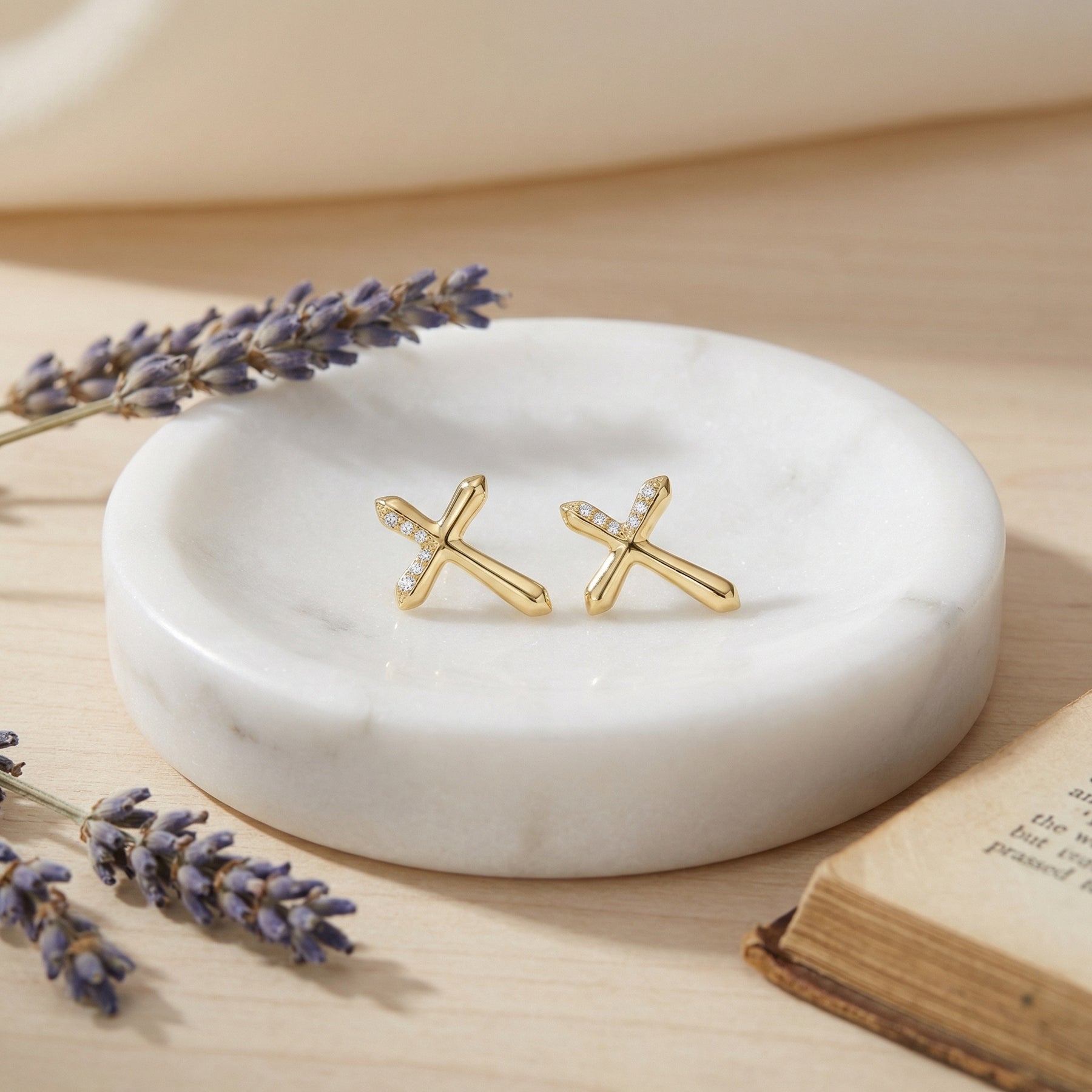 Sparkling stone Accent Cross Stud Earrings – sterling silver earrings, side detail