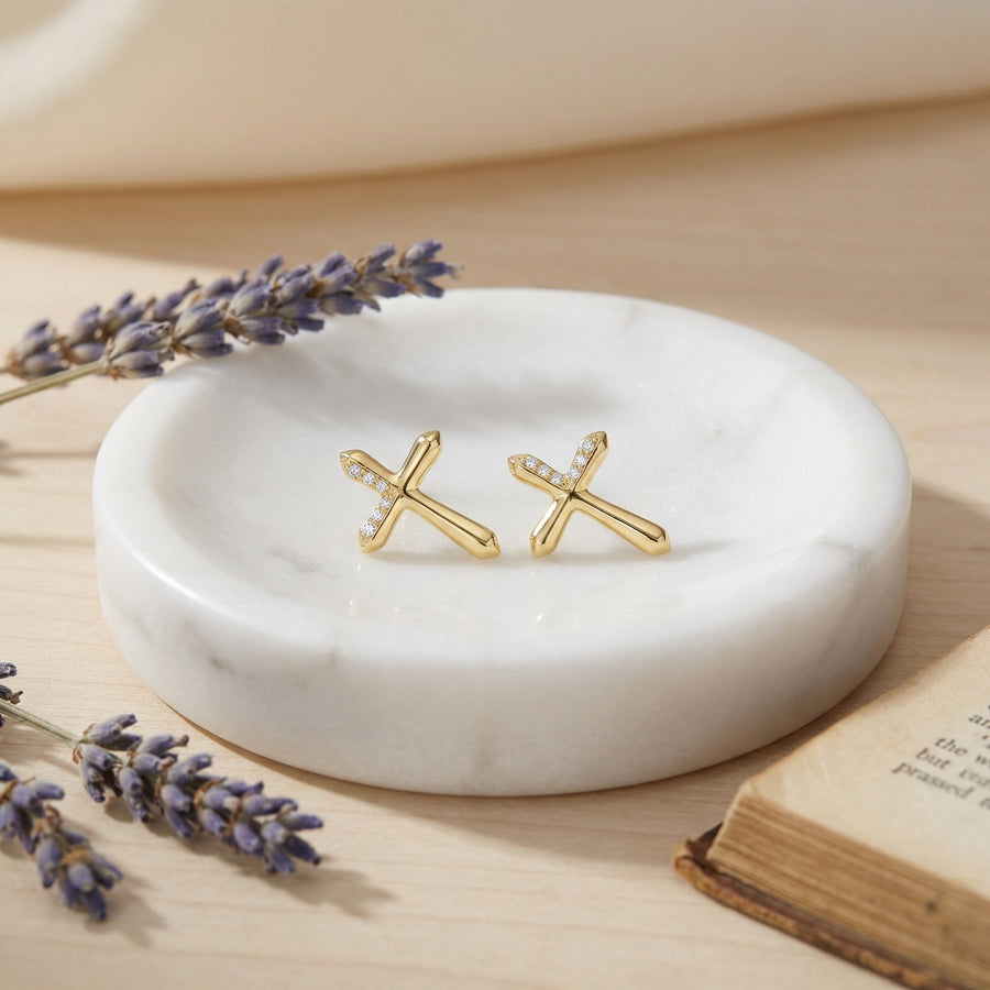 Sparkling stone Accent Cross Stud Earrings – sterling silver earrings, side detail