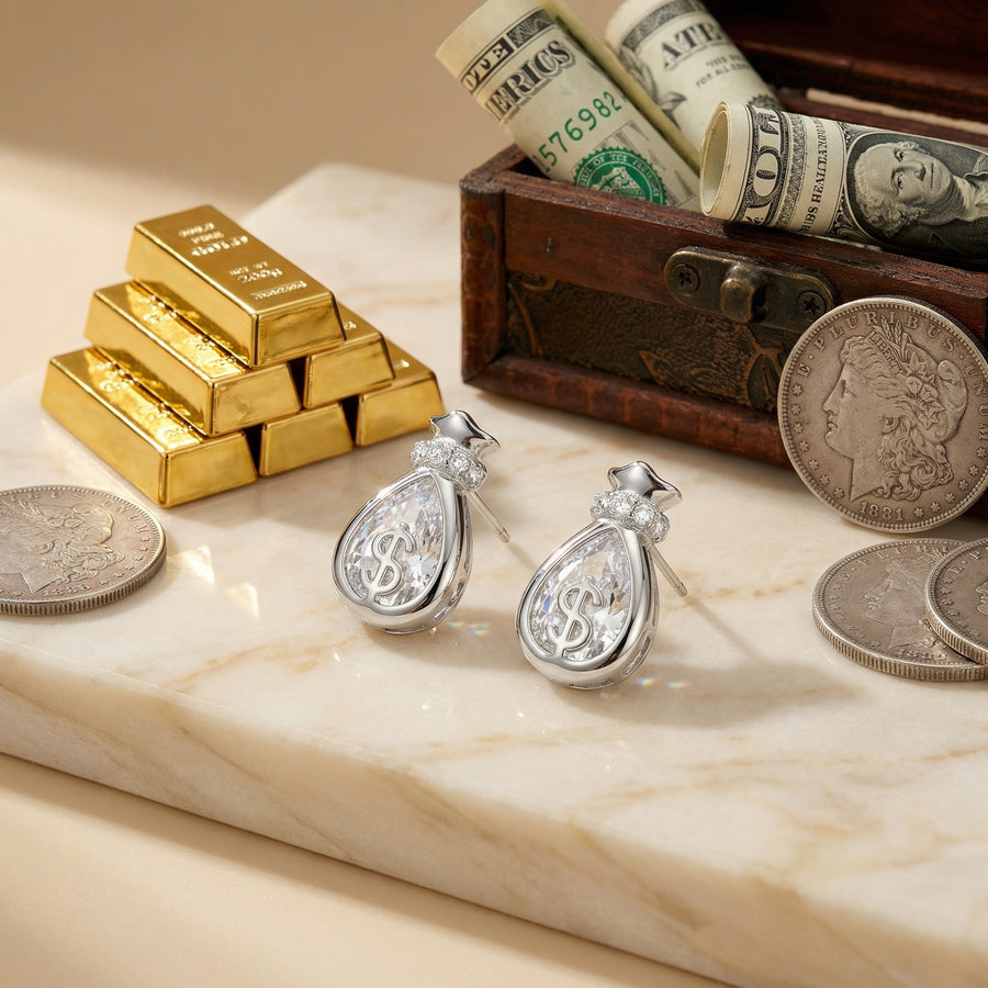 Money Bag Stud Earrings – sterling silver earrings, front view