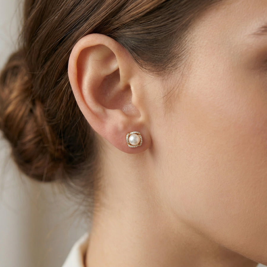 Pearl Studs in Square Frame – pearl earrings, side detail