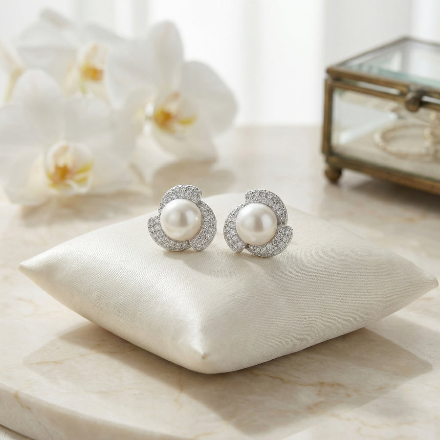 Pearl Cluster Floral Halo Studs – pearl earrings, front view