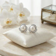 Pearl Cluster Floral Halo Studs – pearl earrings, front view