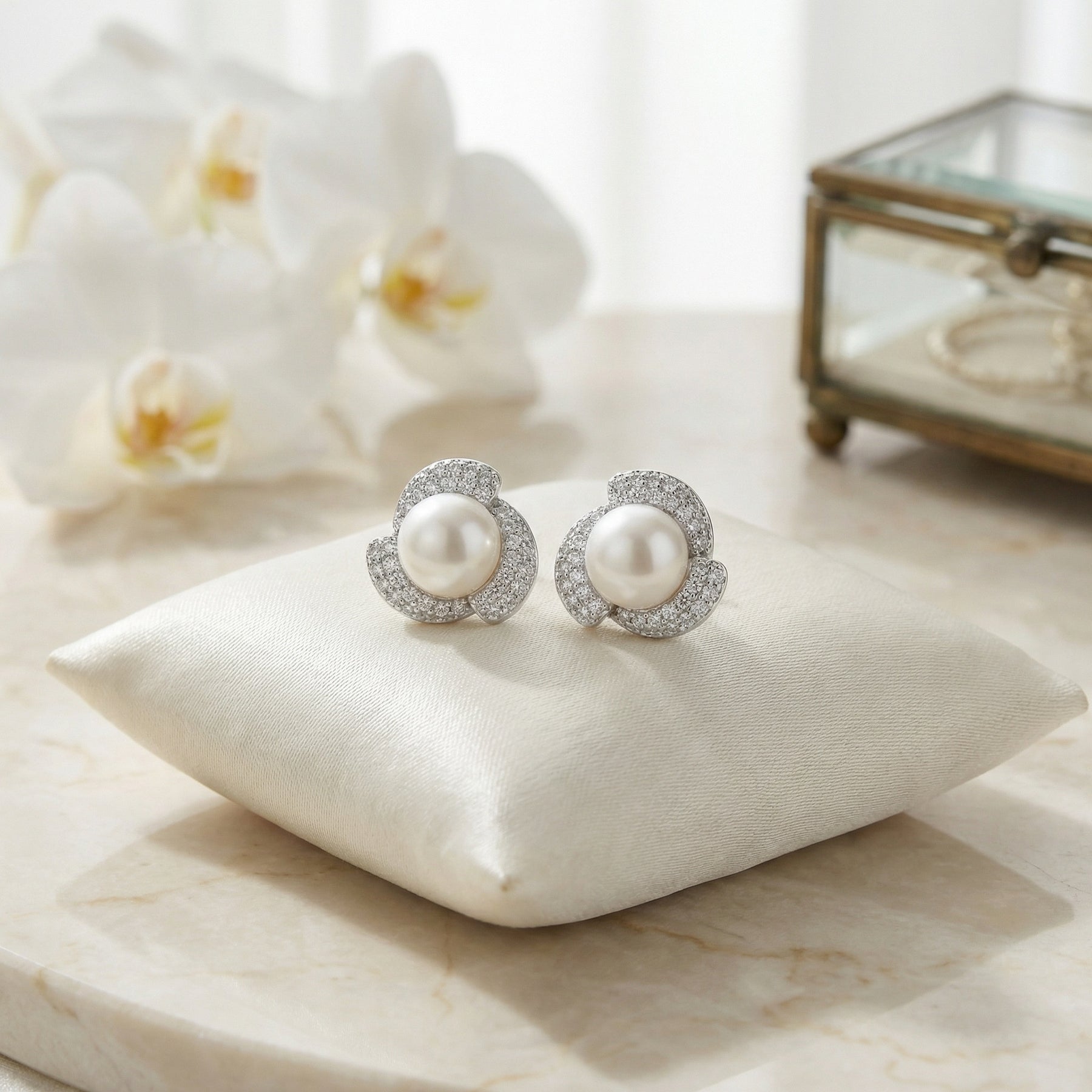 Pearl Cluster Floral Halo Studs – pearl earrings, front view