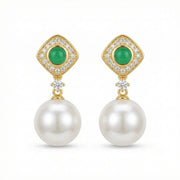 Green stone and Pearl Drop Earrings – pearl earrings, front view
