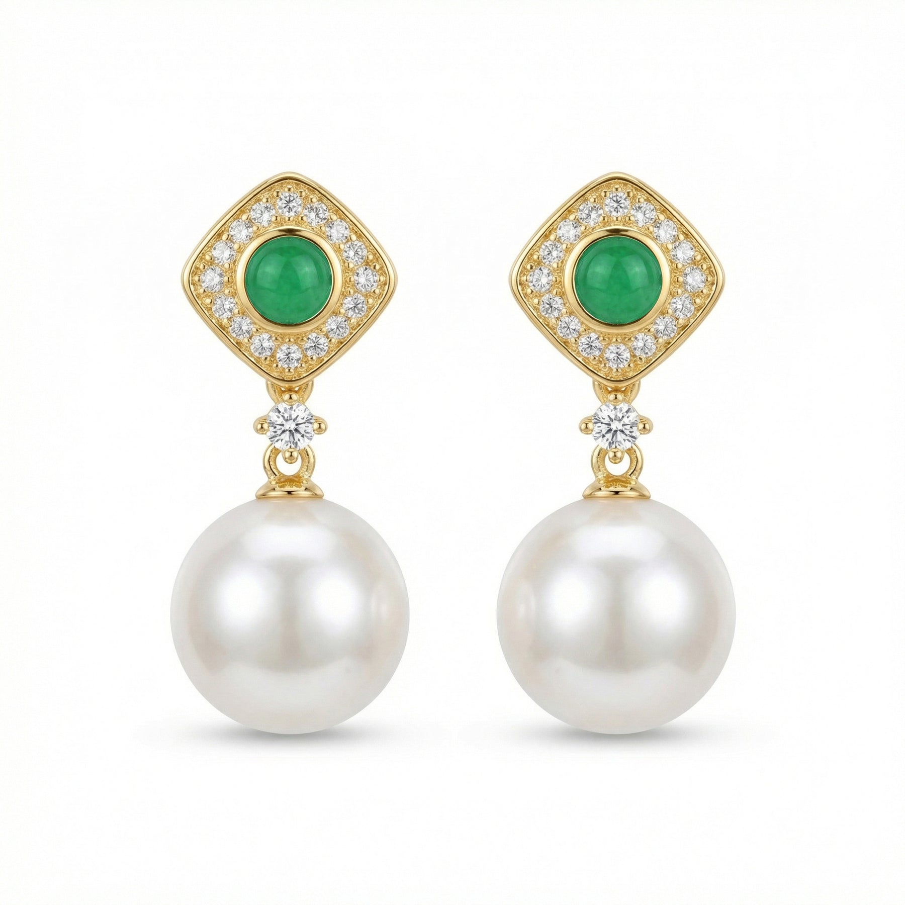 Green stone and Pearl Drop Earrings – pearl earrings, front view