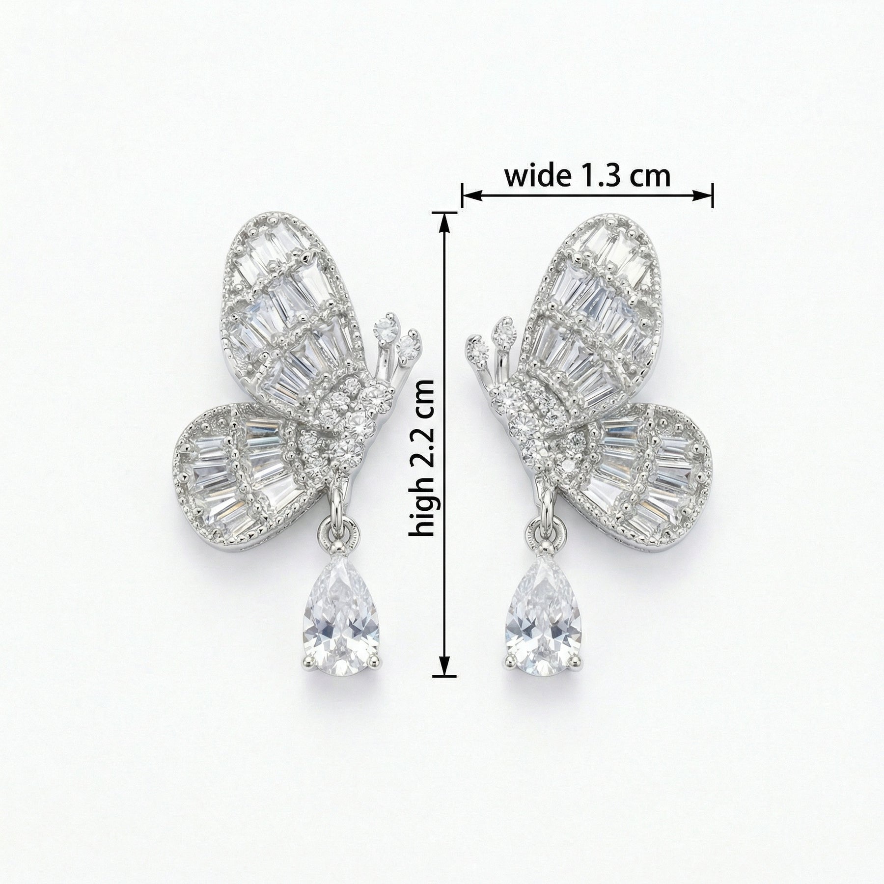 Butterfly Drop Earrings, Baguette and Pear – sterling silver earrings, front view
