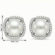 Pearl Studs with Pavé Accent Halo – pearl earrings, close-up
