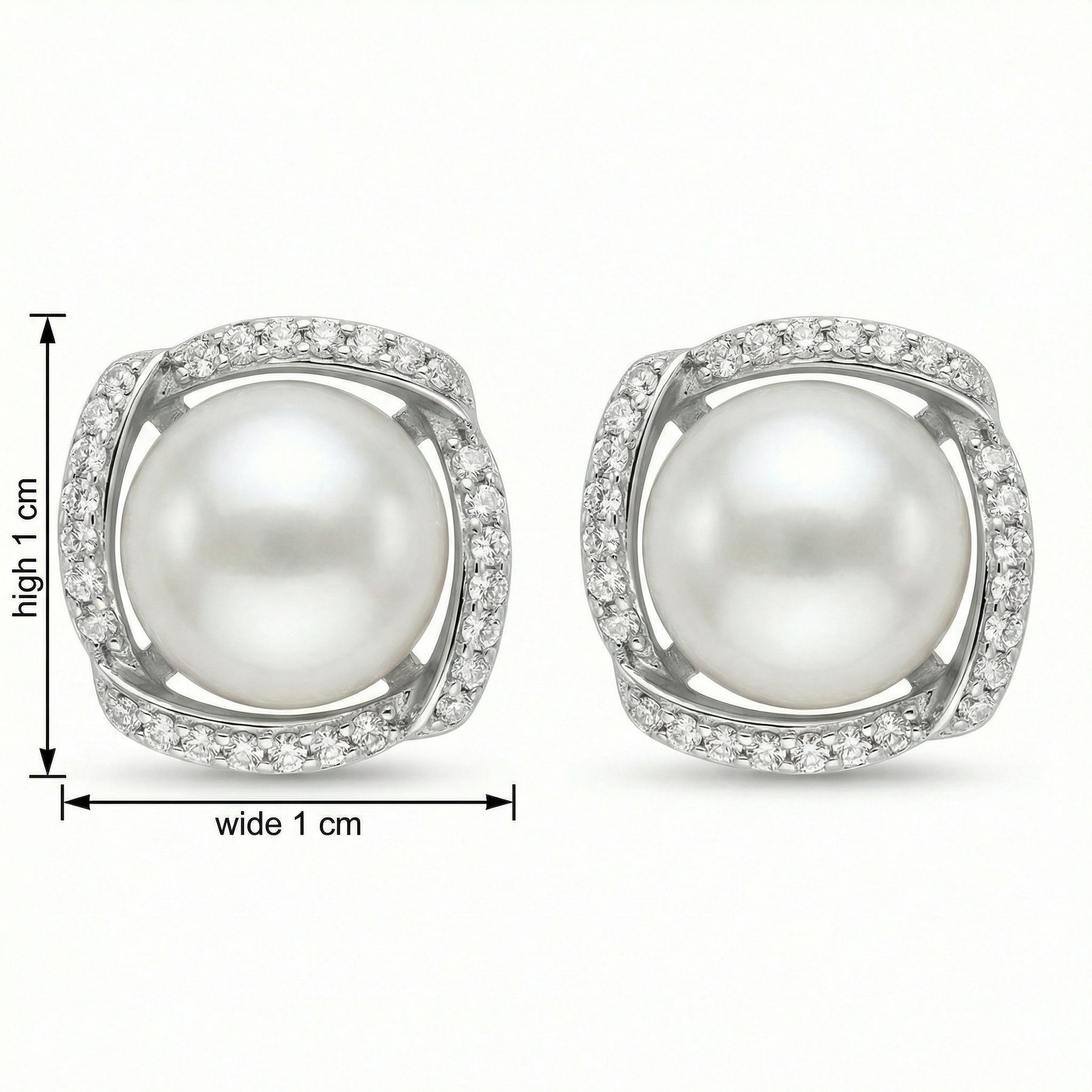 Pearl Studs with Pavé Accent Halo – pearl earrings, close-up