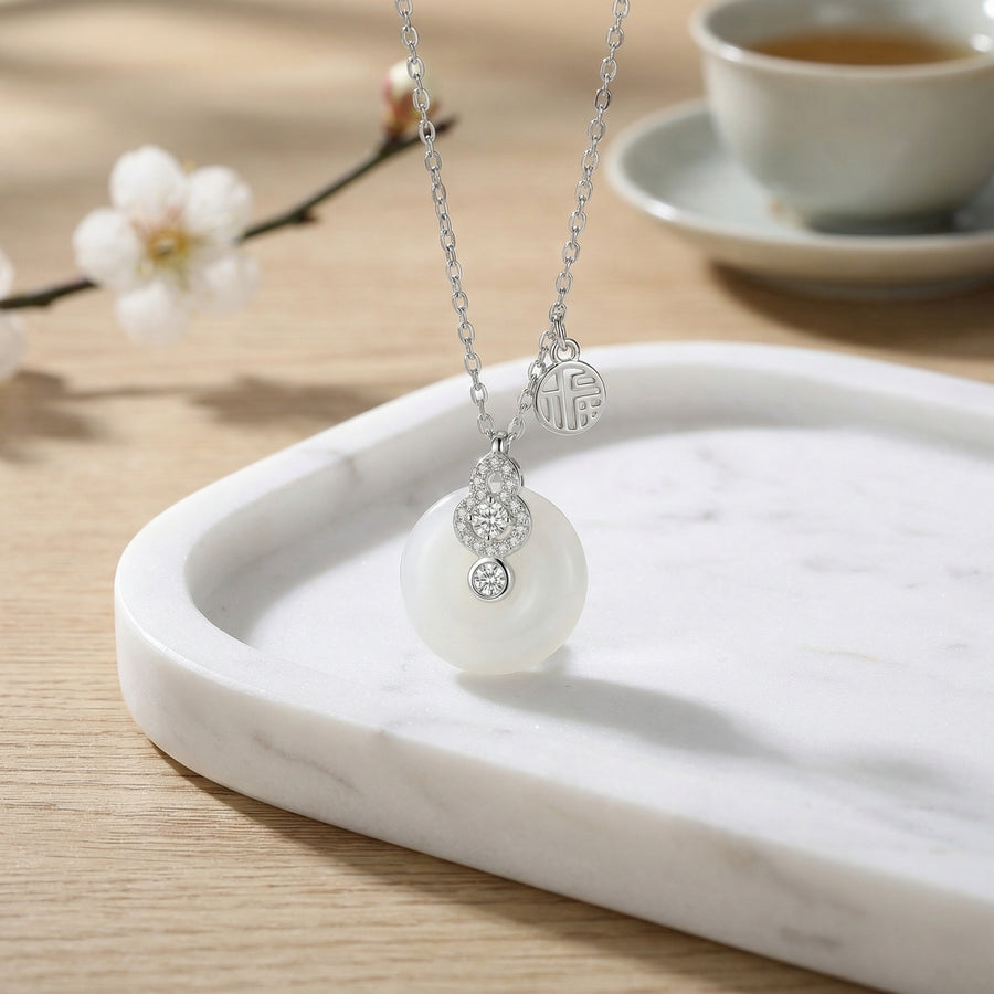 White Jade Gourd Fortune Necklace – jade necklace, close-up