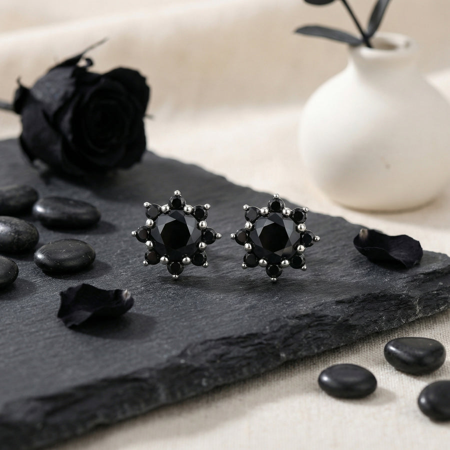 Floral Black Gemstone Cluster Studs – sterling silver earrings, front view