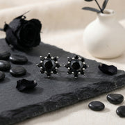 Floral Black Gemstone Cluster Studs – sterling silver earrings, front view