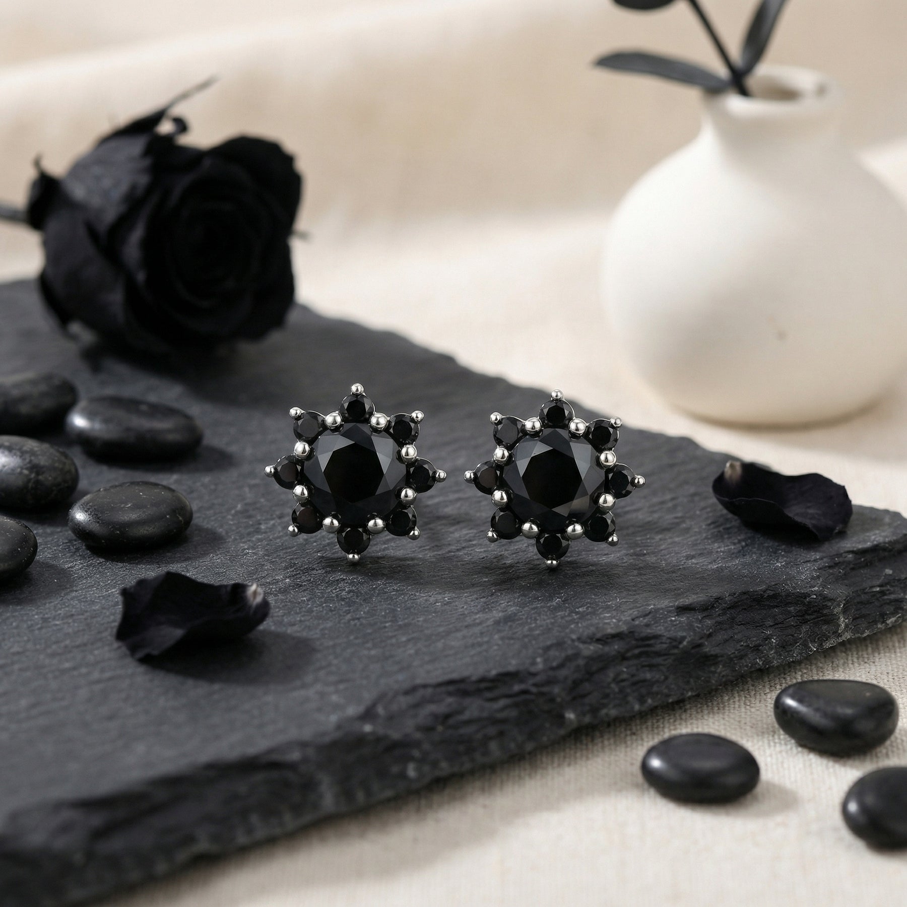 Floral Black Gemstone Cluster Studs – sterling silver earrings, front view