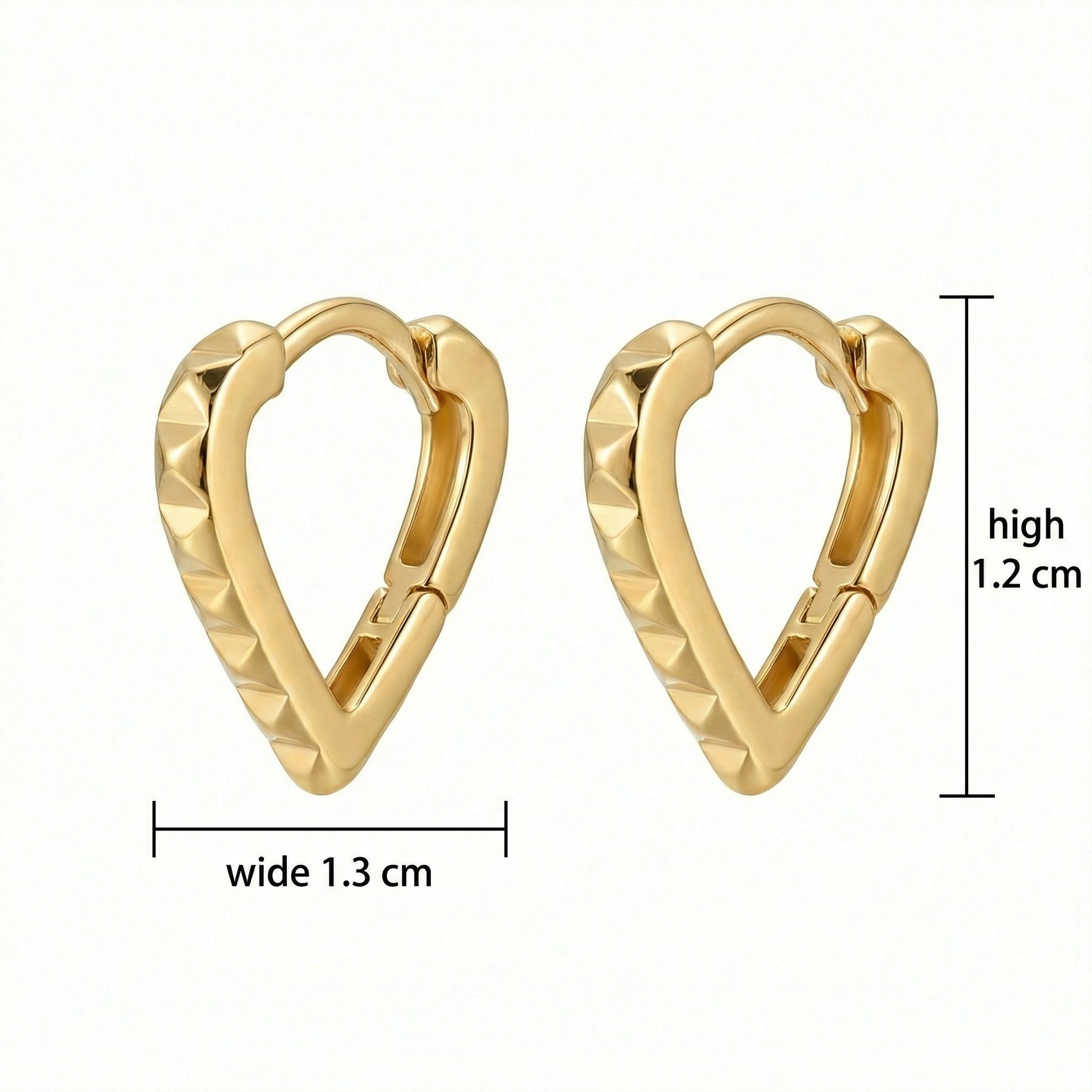 Pyramid Studded Heart Huggie Hoops – sterling silver earrings, close-up