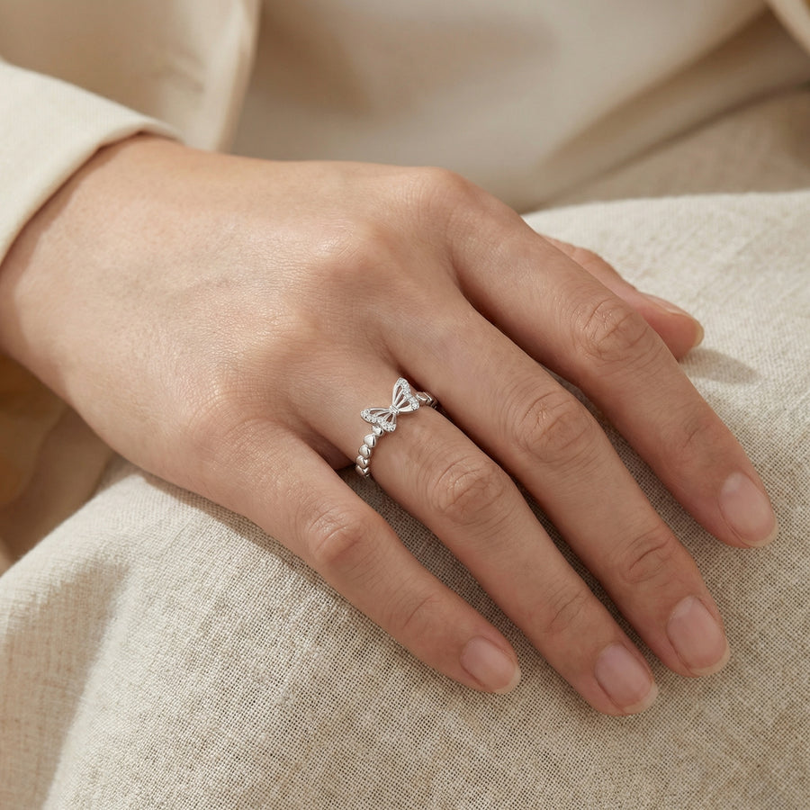 Butterfly Ring with Heart-Link Band – sterling silver ring, side detail