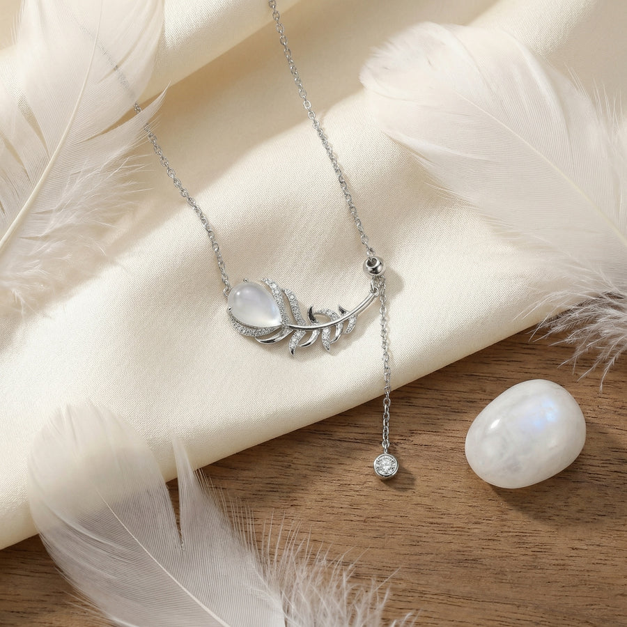 Feather Pendant Necklace with Moonstone – sterling silver necklace, close-up