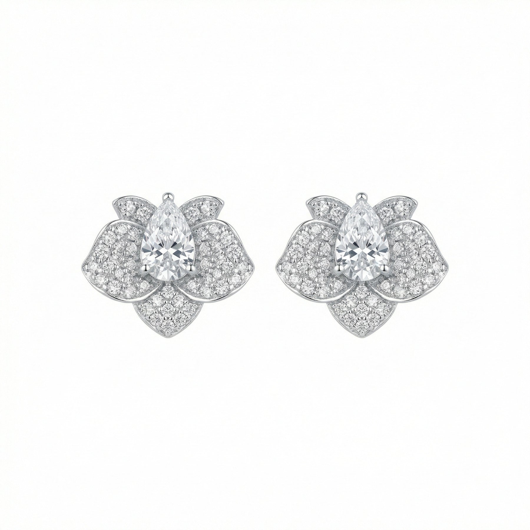 Pear-Cut Floral Stud Earrings – sterling silver earrings, close-up