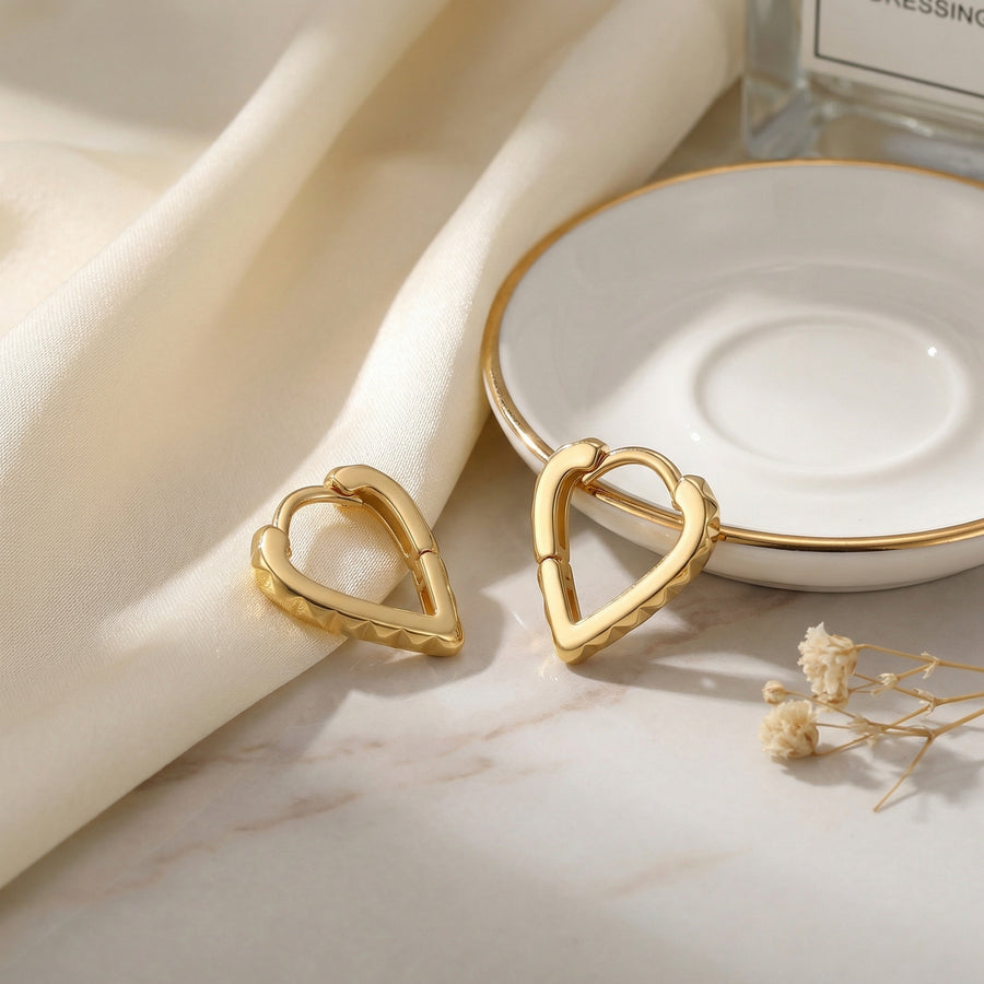 Pyramid Studded Heart Huggie Hoops – sterling silver earrings