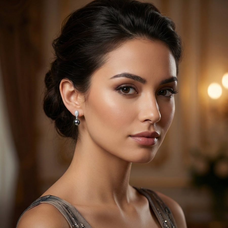 Tahitian Pearl Pavé Drop Earrings – pearl earrings, front view