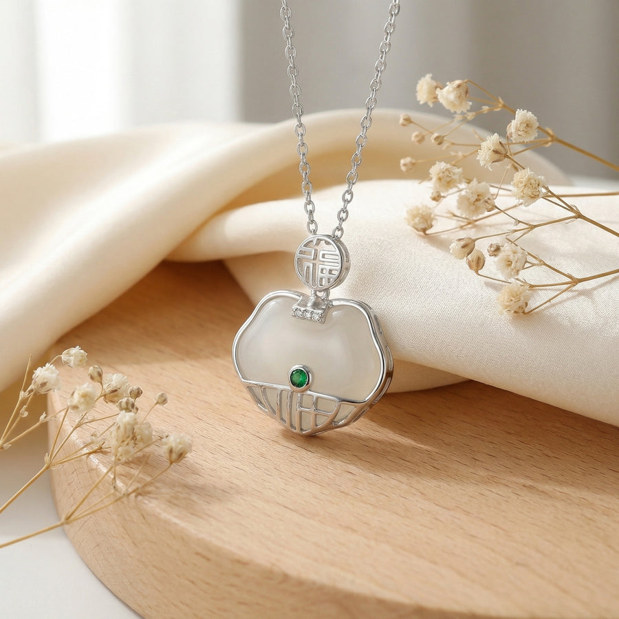 White Jade Long-Life Lock Necklace – jade necklace, side detail