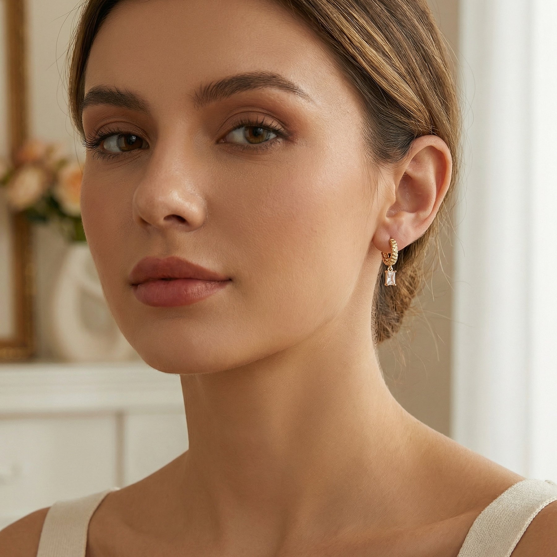 Ribbed Huggie Hoops, Crystal Drop Accent – crystal earrings, close-up