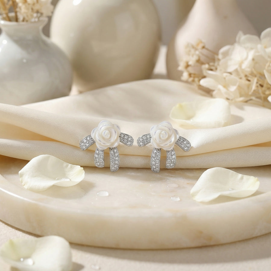Mother-of-Pearl Bow Crystal Studs – mother-of-pearl earrings, side detail