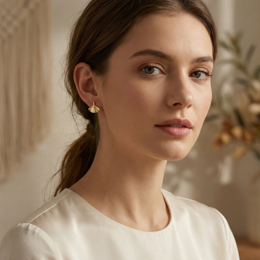 Ginkgo Biloba Leaf Earrings – sterling silver earrings, side detail