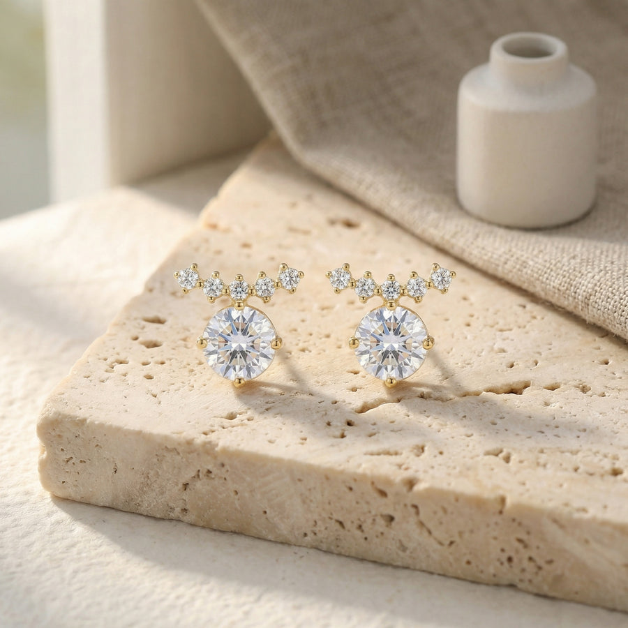 Tiara-Style Solitaire Stud Earrings – sterling silver earrings, front view