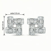 Interlaced Square Princess-Cut Studs – sterling silver earrings, close-up