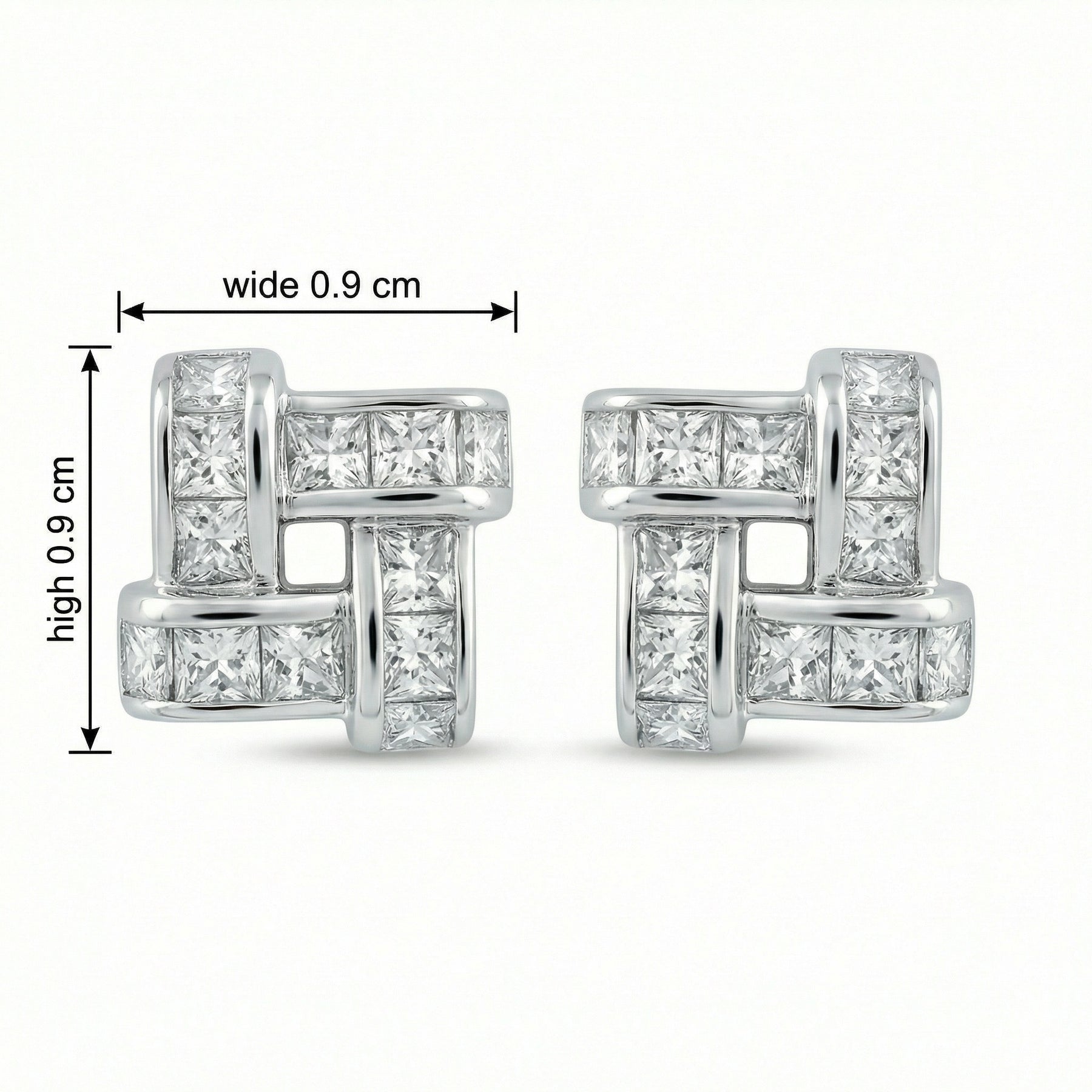 Interlaced Square Princess-Cut Studs – sterling silver earrings, close-up